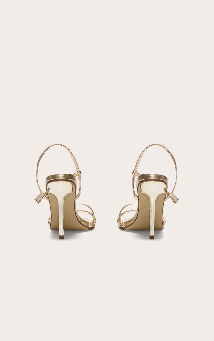 Gold Pu Point Toe Thin Strappy High Stiletto Heeled Sandals image 3