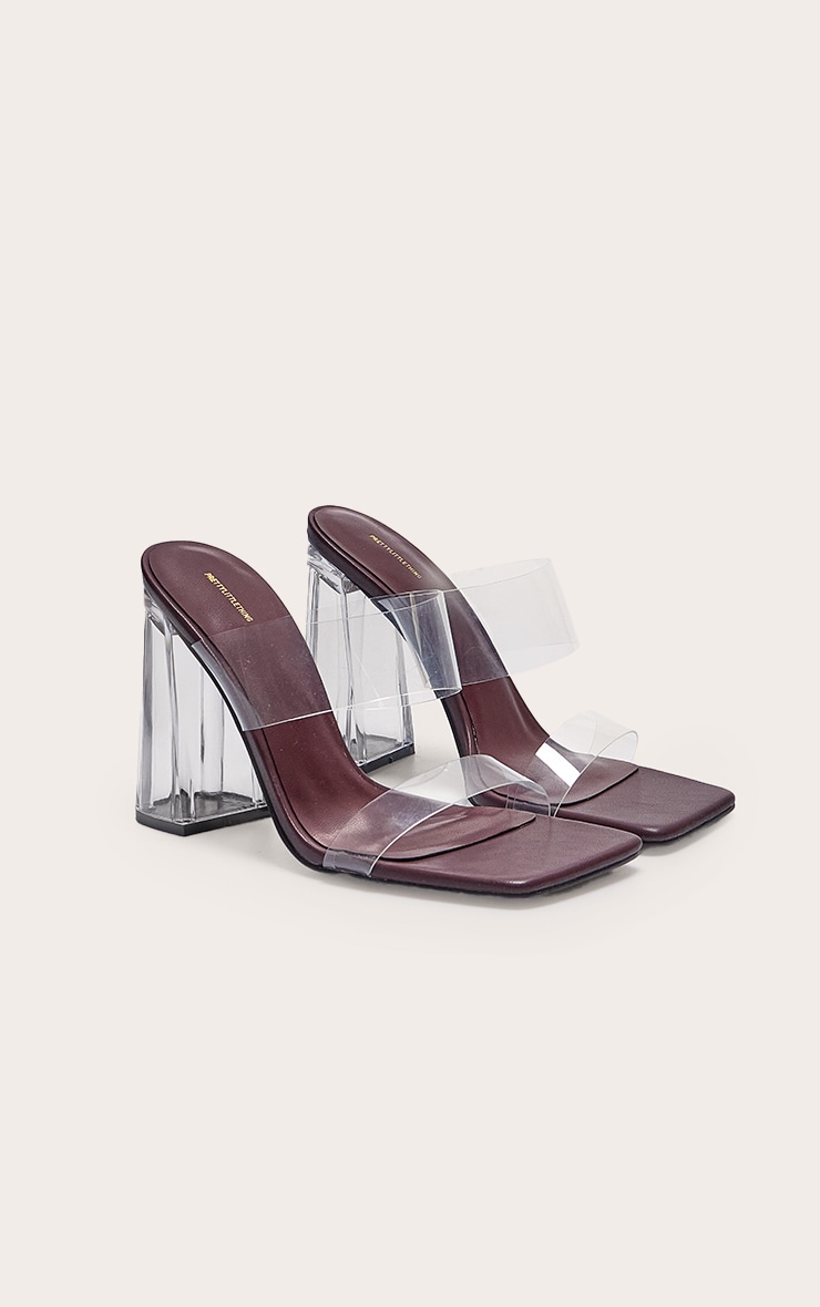 Burgundy Perspex Double Strap Square Toe Chunky Block High Heeled Sandals image 3