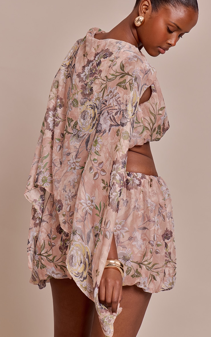 Pink Floral Chiffon Puff Ball Mini Skirt image 3