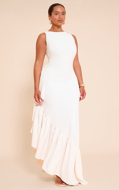 Shape cream Stretch Woven Boat Neck Side Split Frill Maxi Dress