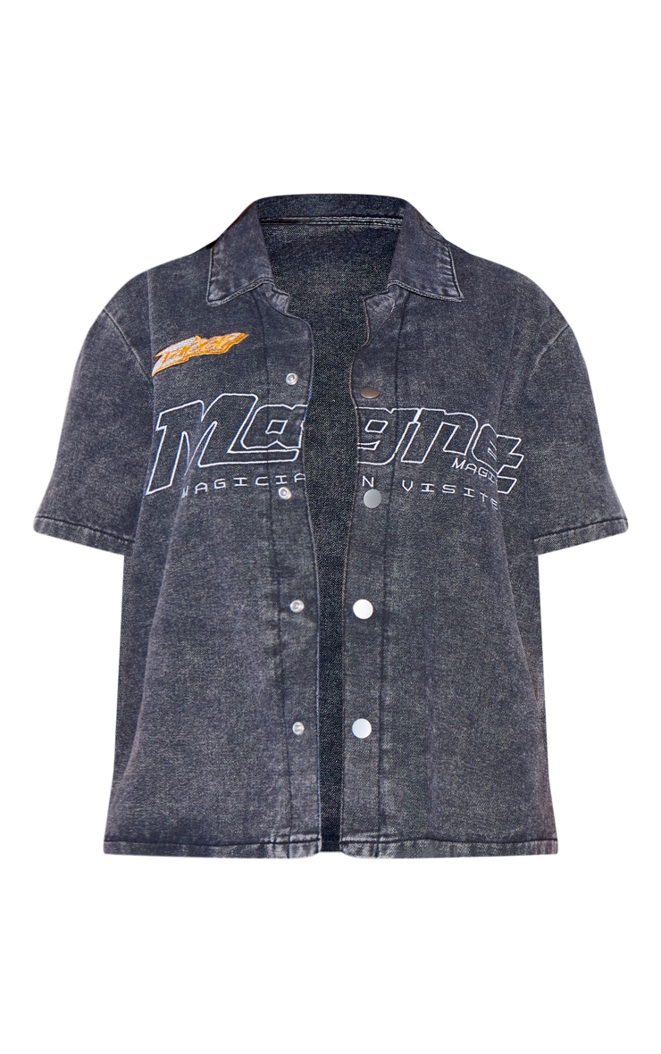 Petite Washed Black Graphic Detail Denim Shirt