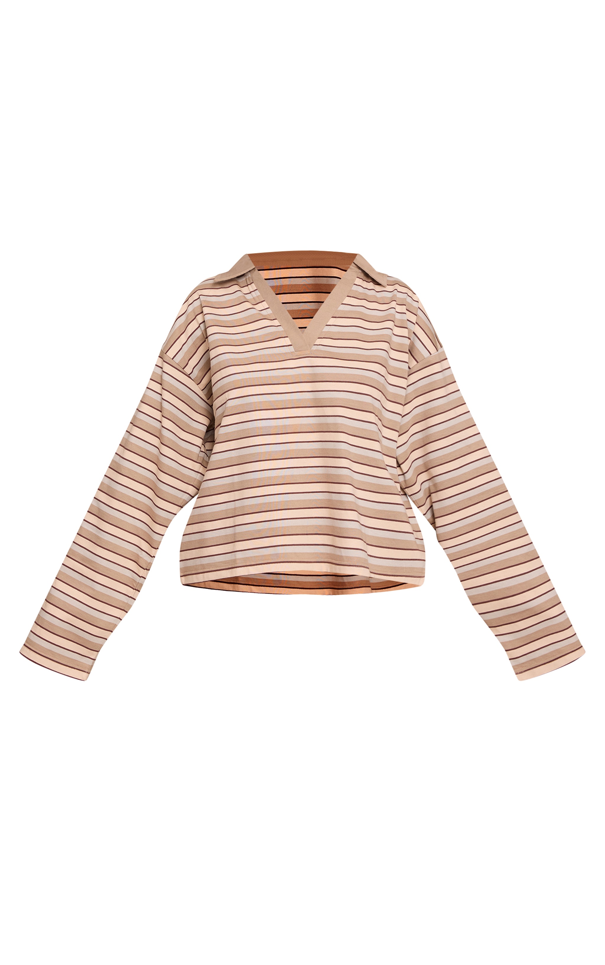 Petite Beige Striped Collared V Neck Top image 5