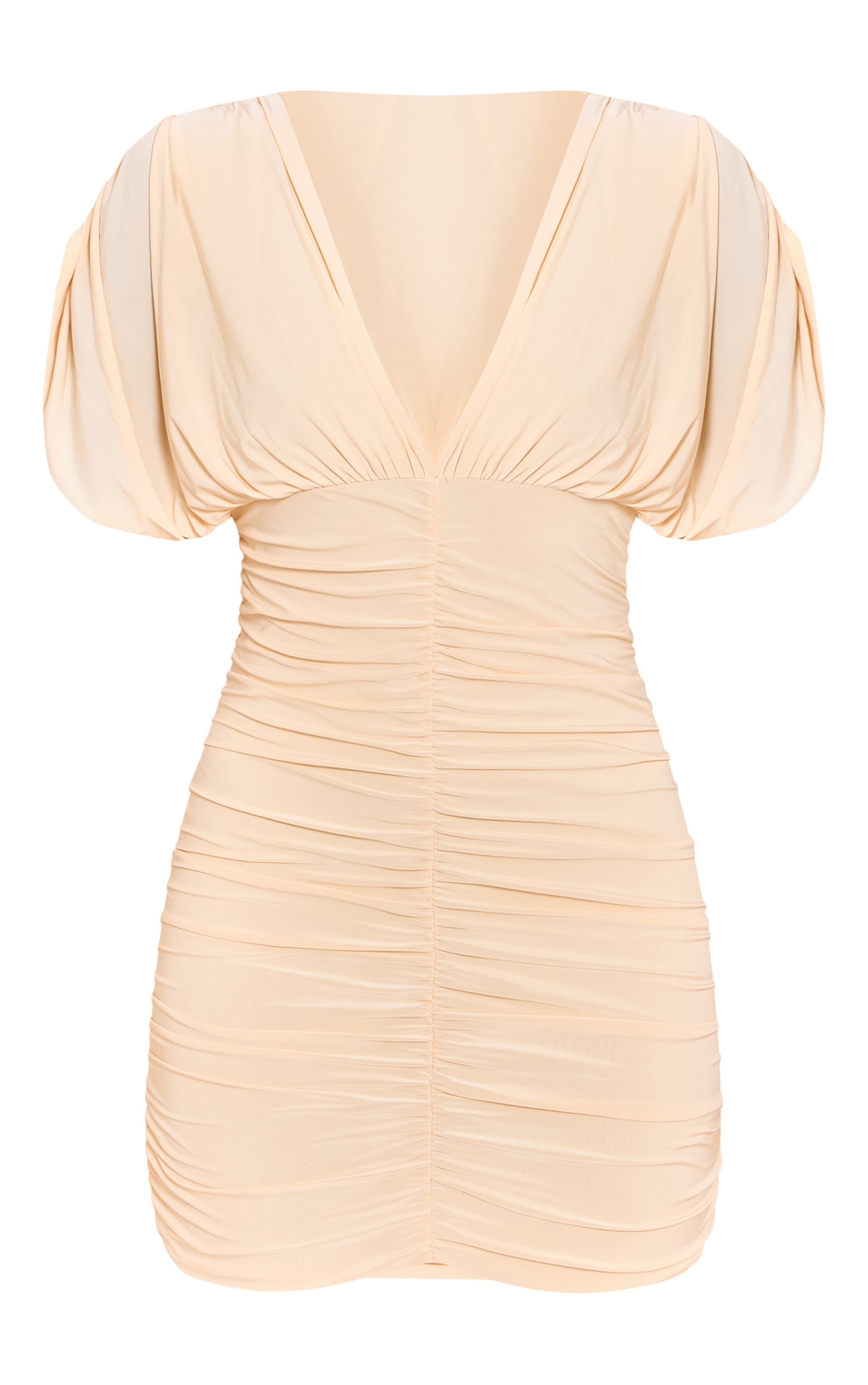Butter Cream Double Layer Slinky Ruched V Neck Mini Dress image 5