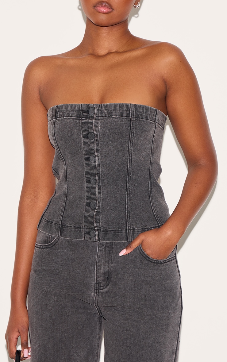 Washed Black Covered Button Longline Denim Top image 4