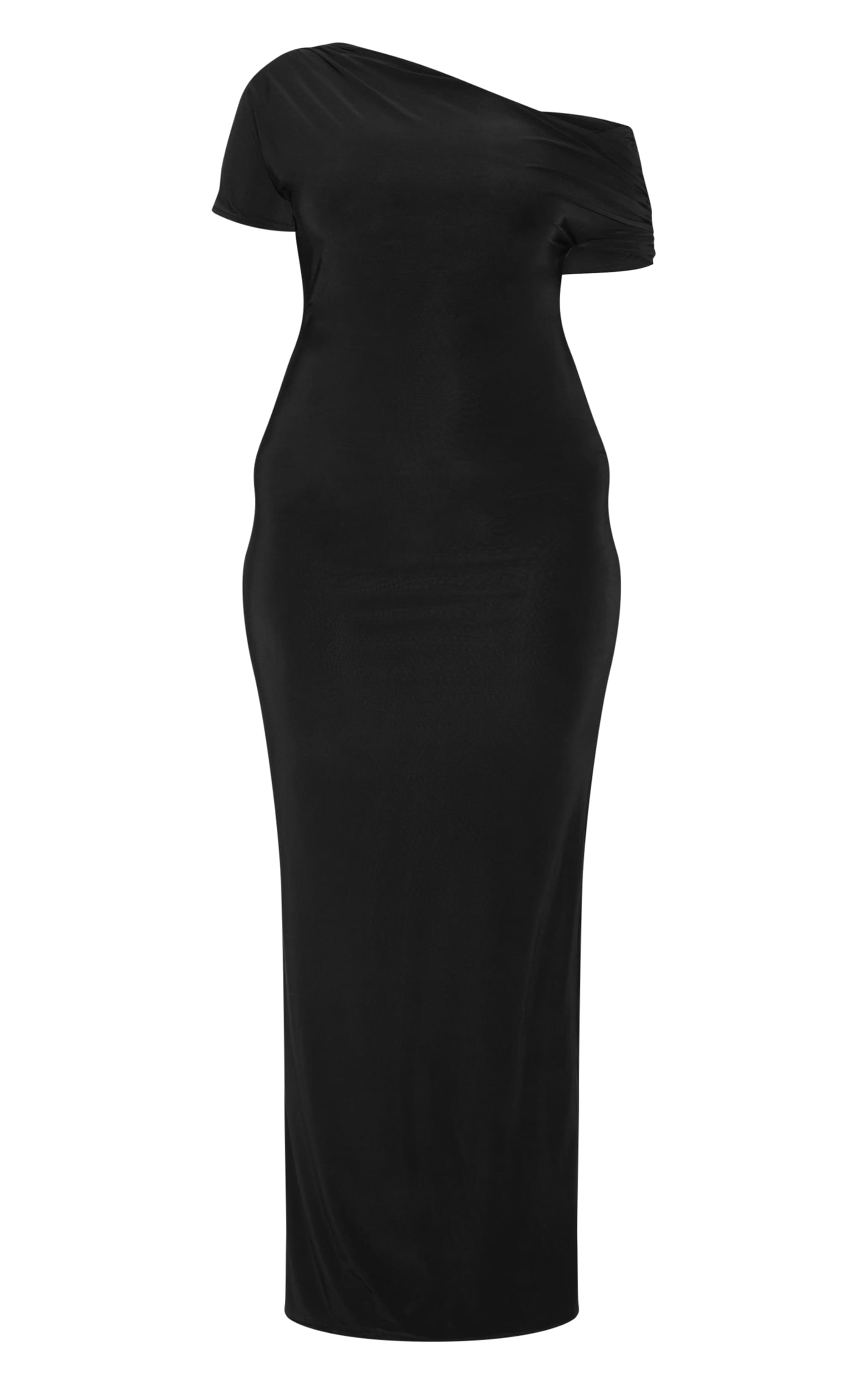 Plus Black Double Layer Slinky Asymmetric Ruched Sleeve Maxi Dress image 5