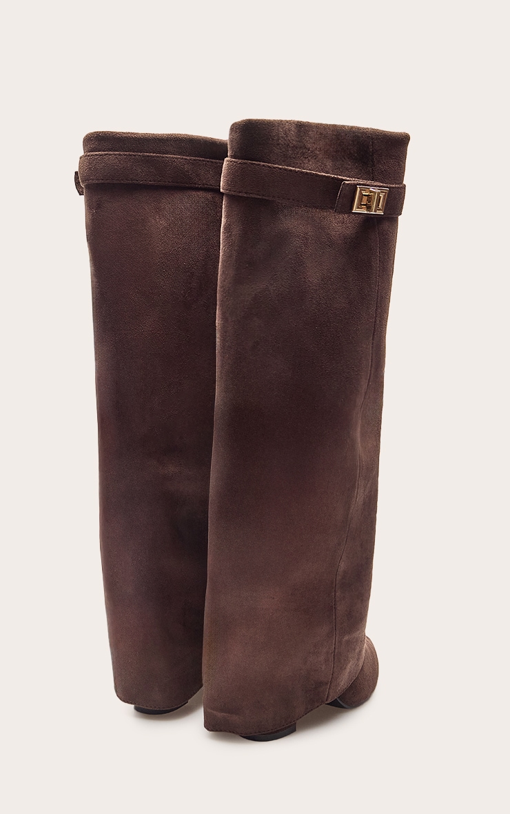 Bottes hautes repliées en suédine chocolat talon carré image 4