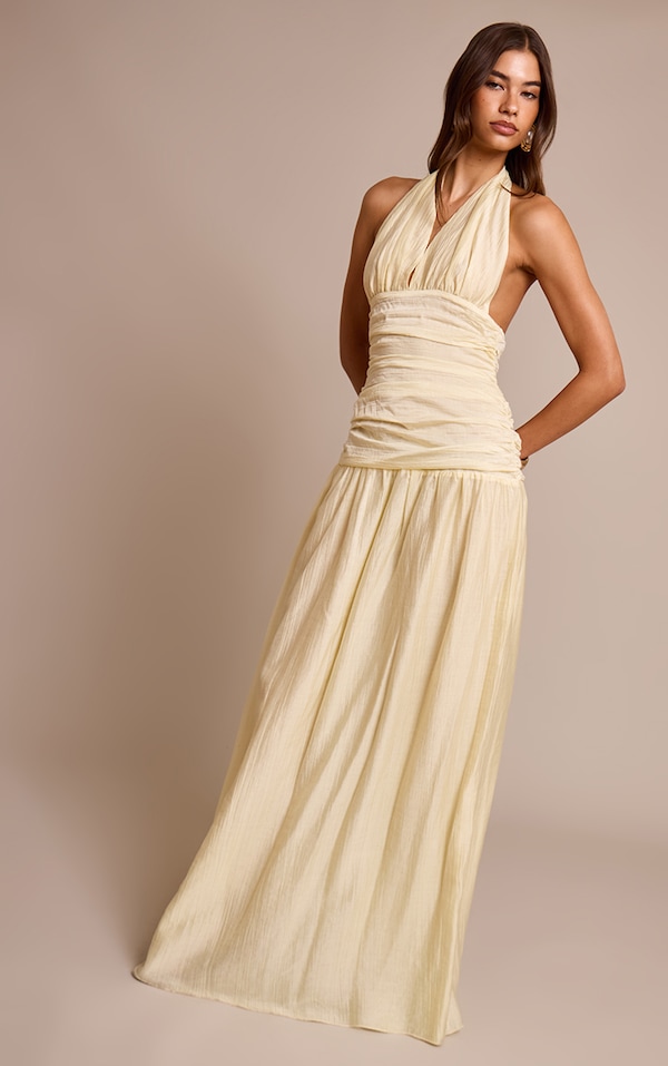 Pale Lime Crinkle Textured Halterneck Maxi Dress