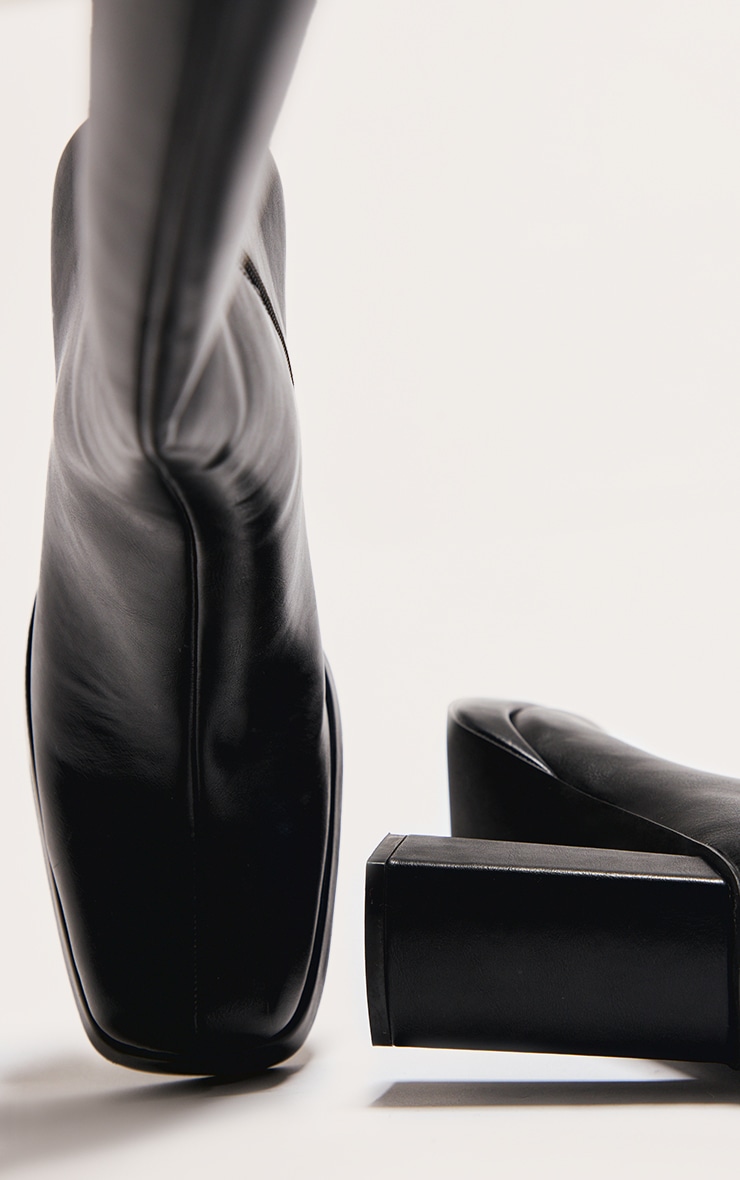 Black PU Square Toe Slight Platform Knee High Heeled Boots image 4