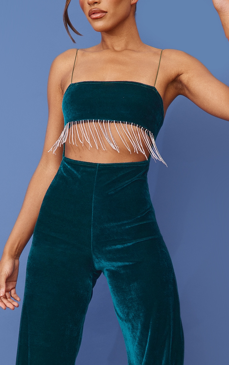 Emerald Green Velvet Cut Out Diamante Tassel Strappy Jumpsuit image 4