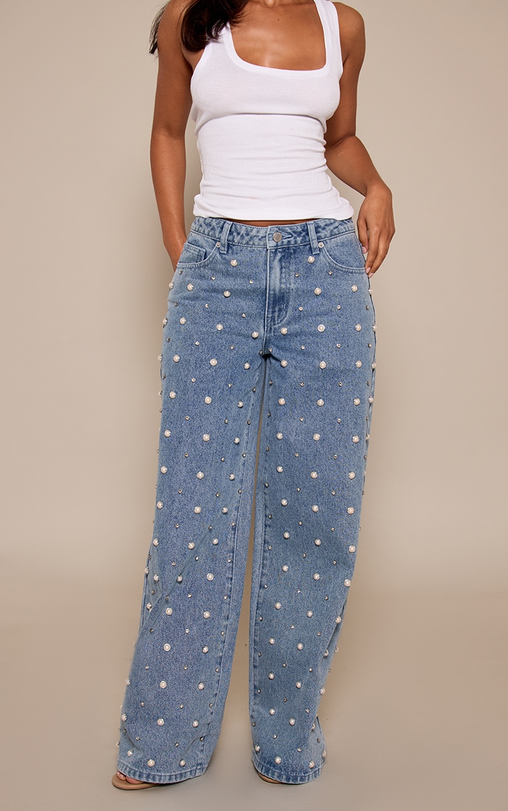 Petite Mid Blue Pearl Embellishment Jean  image 2