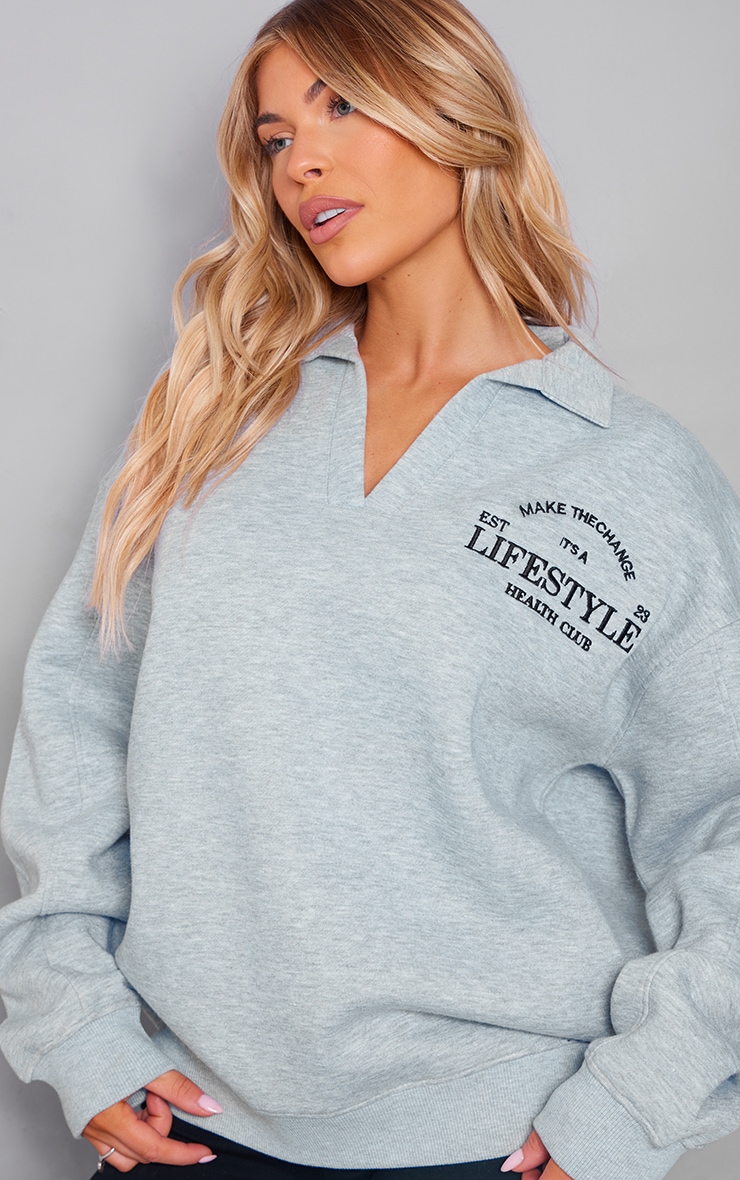 Grey Marl Lifestyle Embroidered Collar Detail Sweatshirt image 1