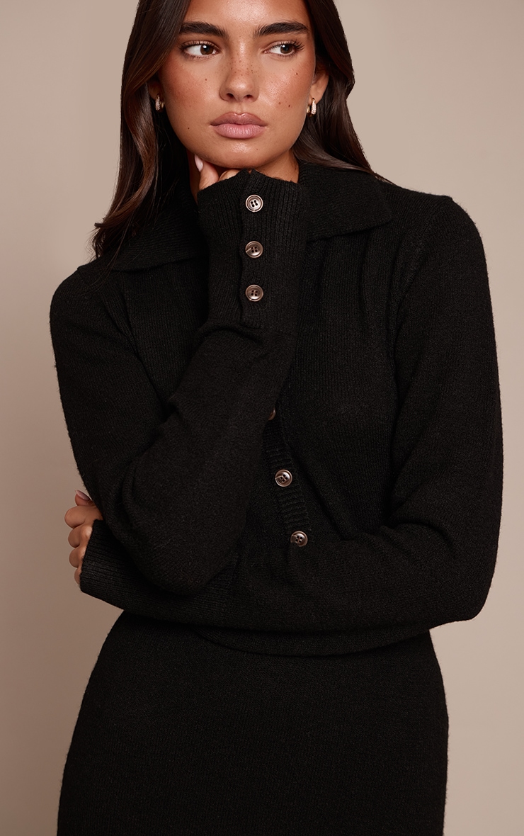 Black Soft Bobble Knit Button Up Collar Detail Maxi Dress image 4