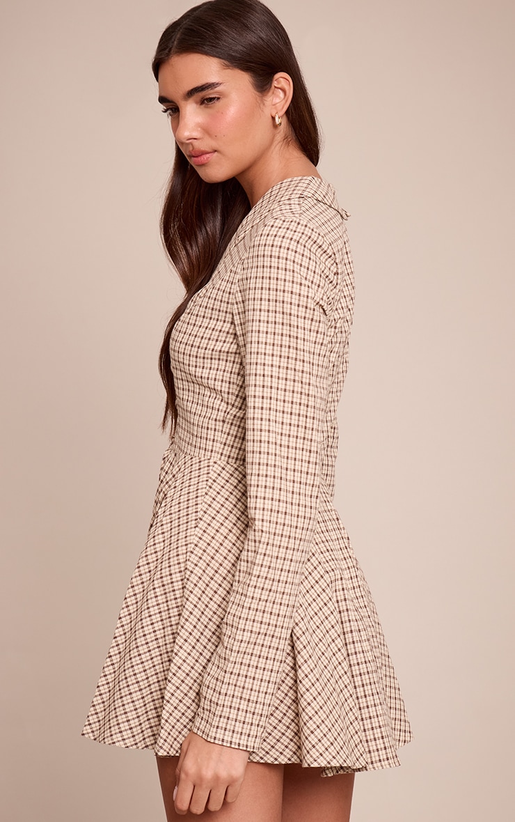 Cream Check Lace Up Long Sleeve Shift Dress image 2