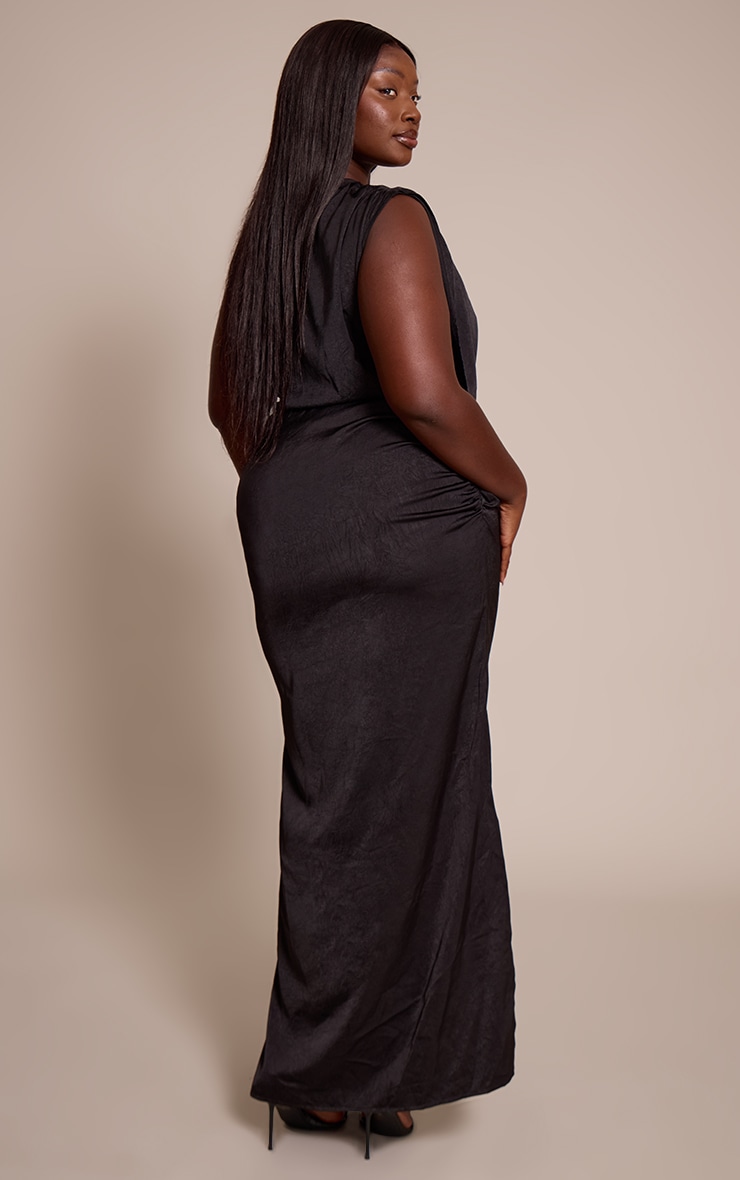 Plus Black Crushed Satin Cowl Neck Maxi Dress image 2