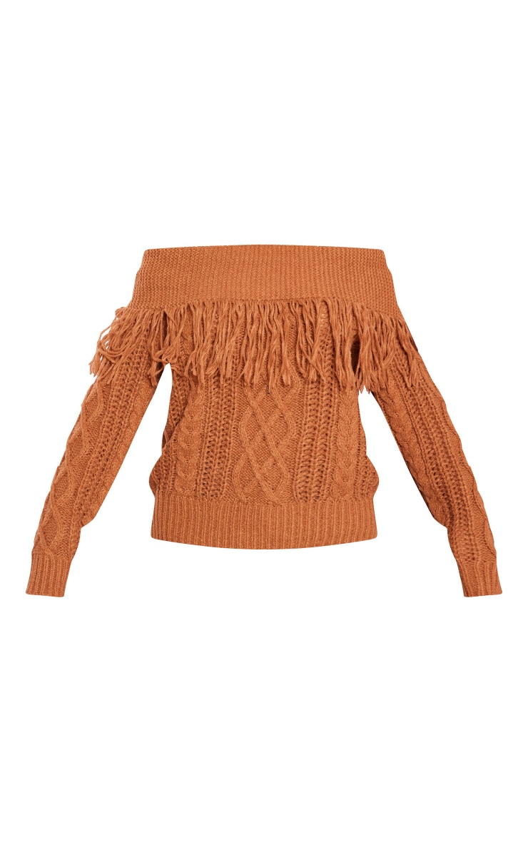 Pull replié marron clair en maille tricot torsadée à détail franges image 5