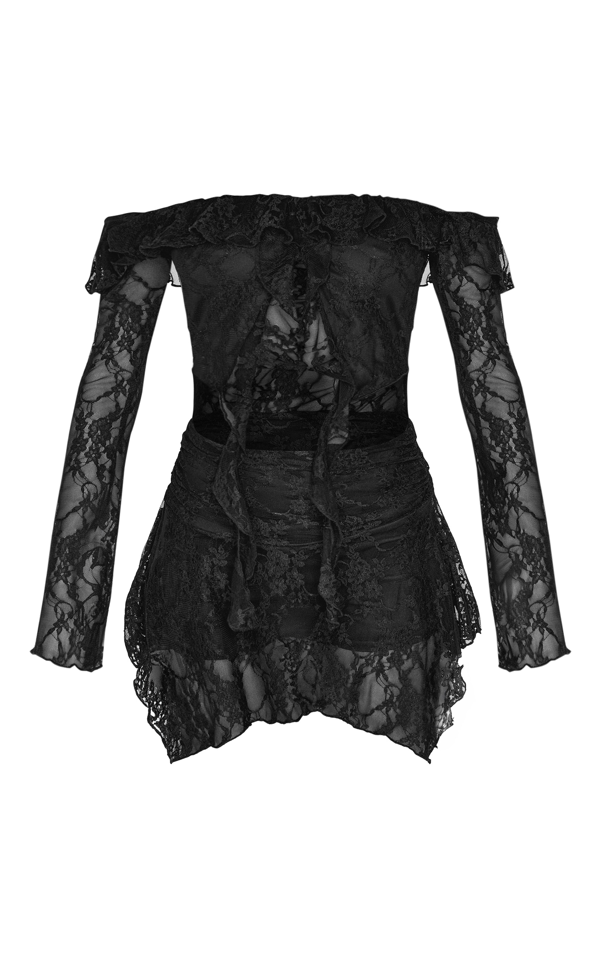 Combishort en dentelle noire découpé à col bardot et détails volantés image 5