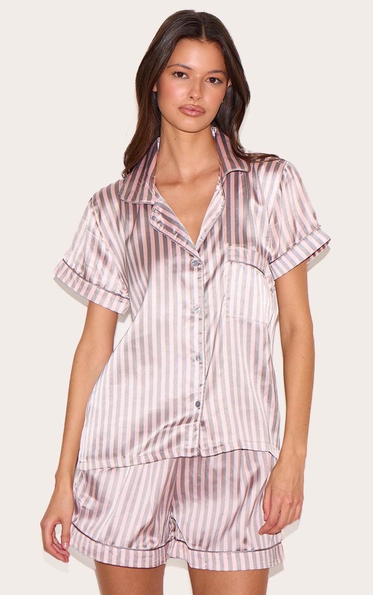 Pink And Grey Stripe Satin Short PJ Set image 1