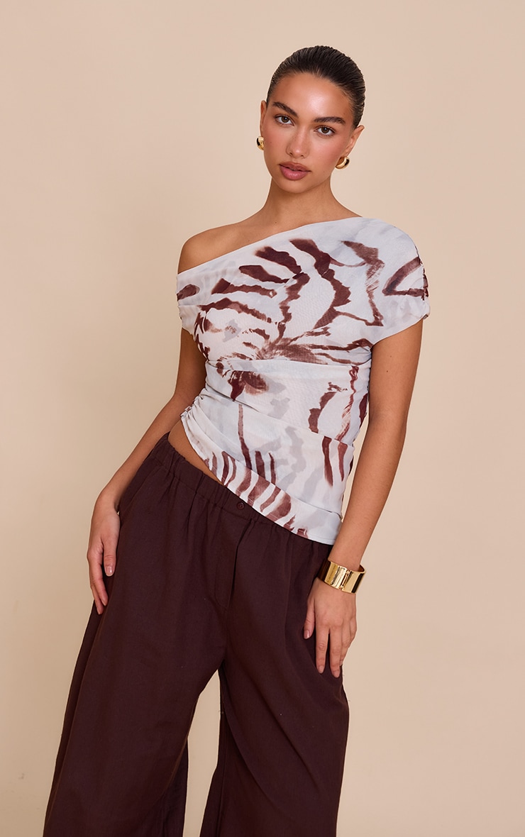 Pale Blue Abstract Shell Printed Chiffon Asymmetric Drape Long Top image 1
