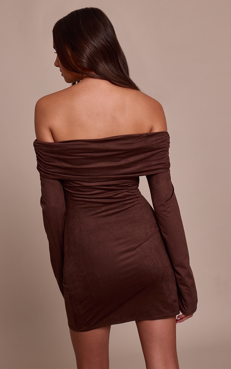 Chocolate Faux Suede Bardot Long Sleeve Bodycon Dress image 2