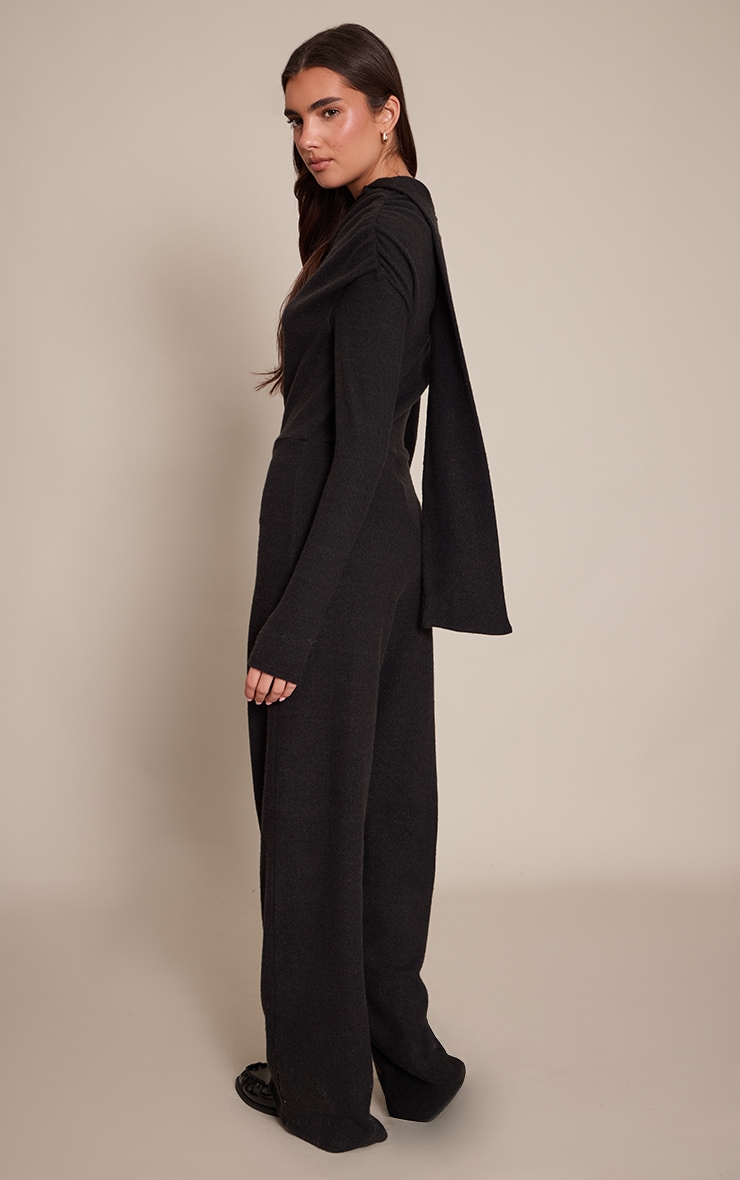 Black Ribbed Asymmetric Neck Wide Leg Jumpsuit image 2