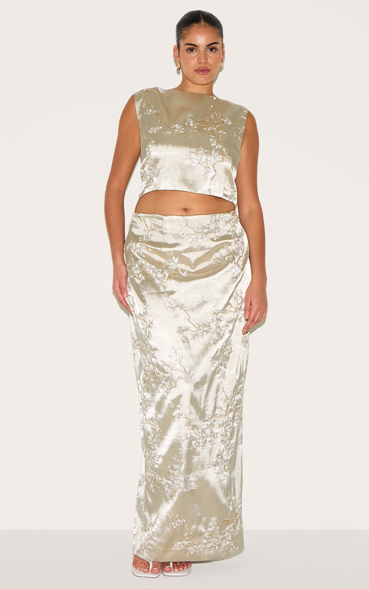 Plus Pastel Green Floral Embroidered Maxi Skirt image 1