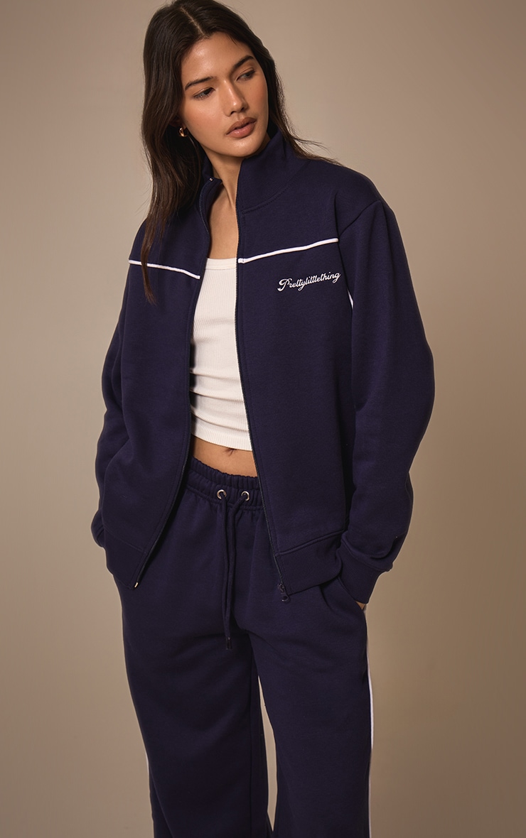 PRETTYLITTLETHING Dark Blue Contrast Piping Detail Zip Through Track Top image 4