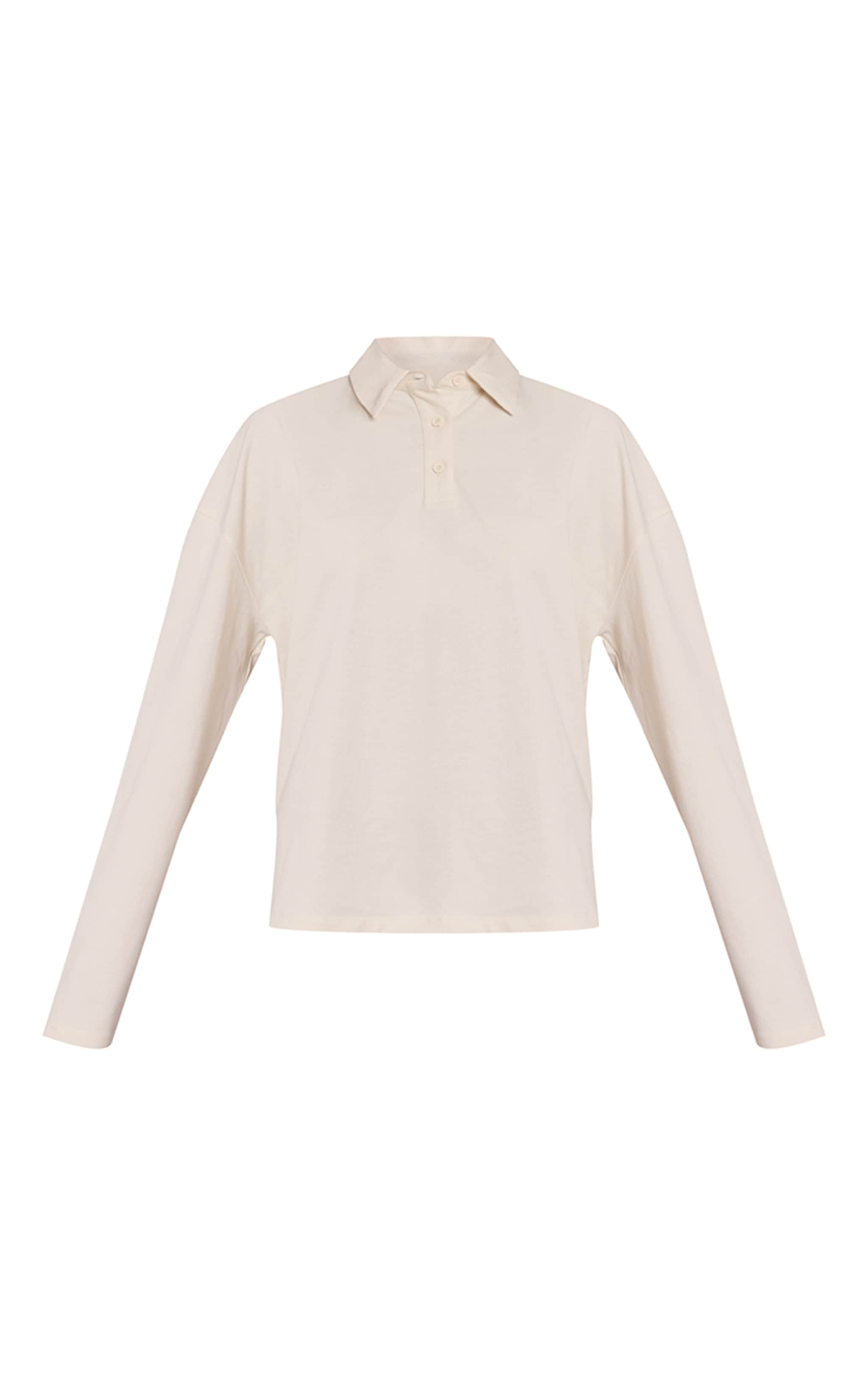 Cream Cotton Polo Collar Long Sleeve Top image 5