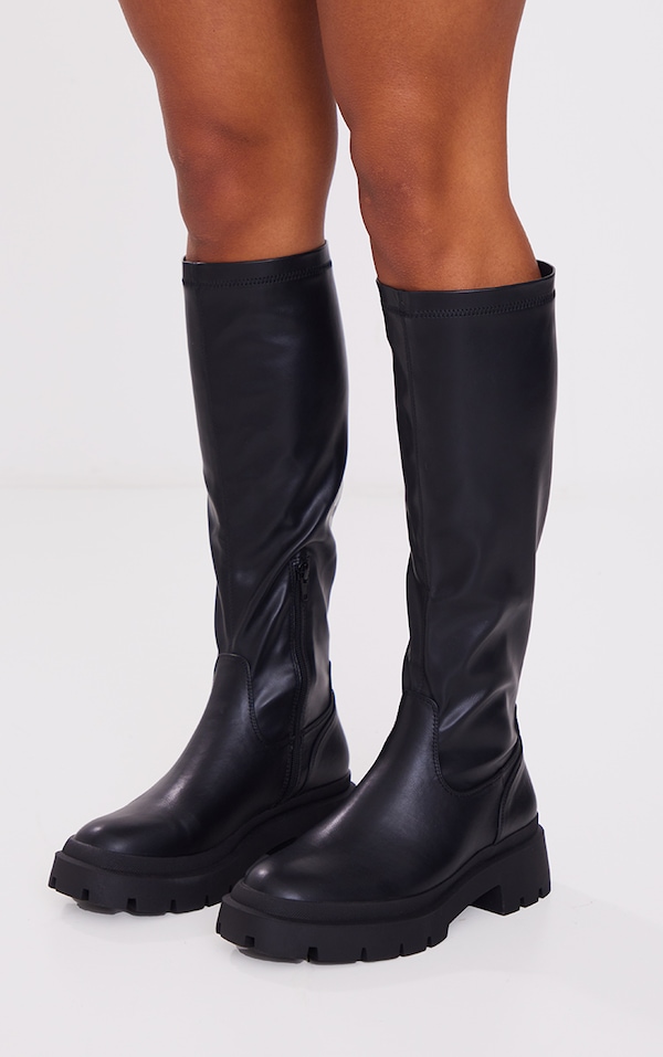 Black Pu Chunky Sock Knee High Boots PrettyLittleThing