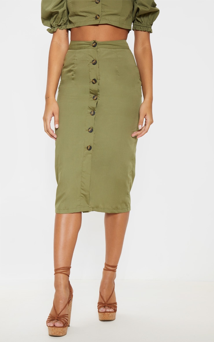 Khaki Tortoise Shell Button Front Midi Skirt image 2