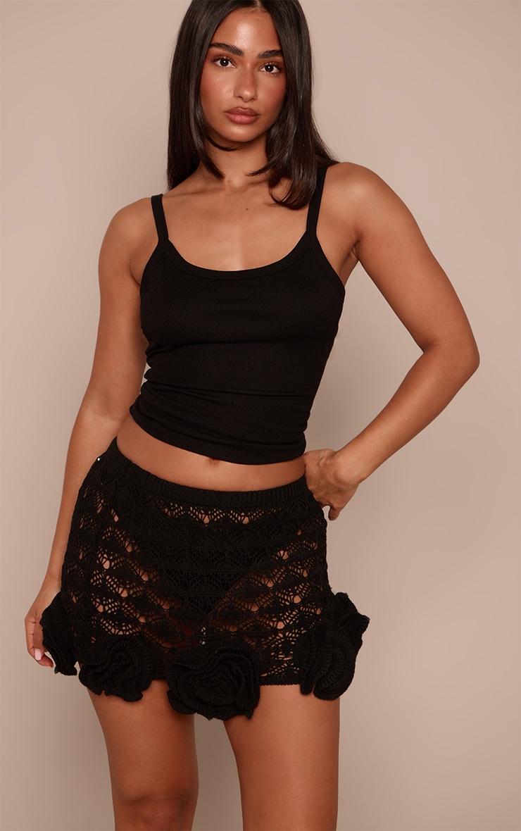 Petite Black Floral Applique Knitted Crochet Mini Skirt