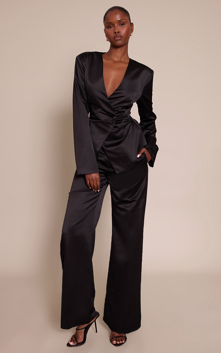 Black Satin Straight Leg Tailored Pant image 1