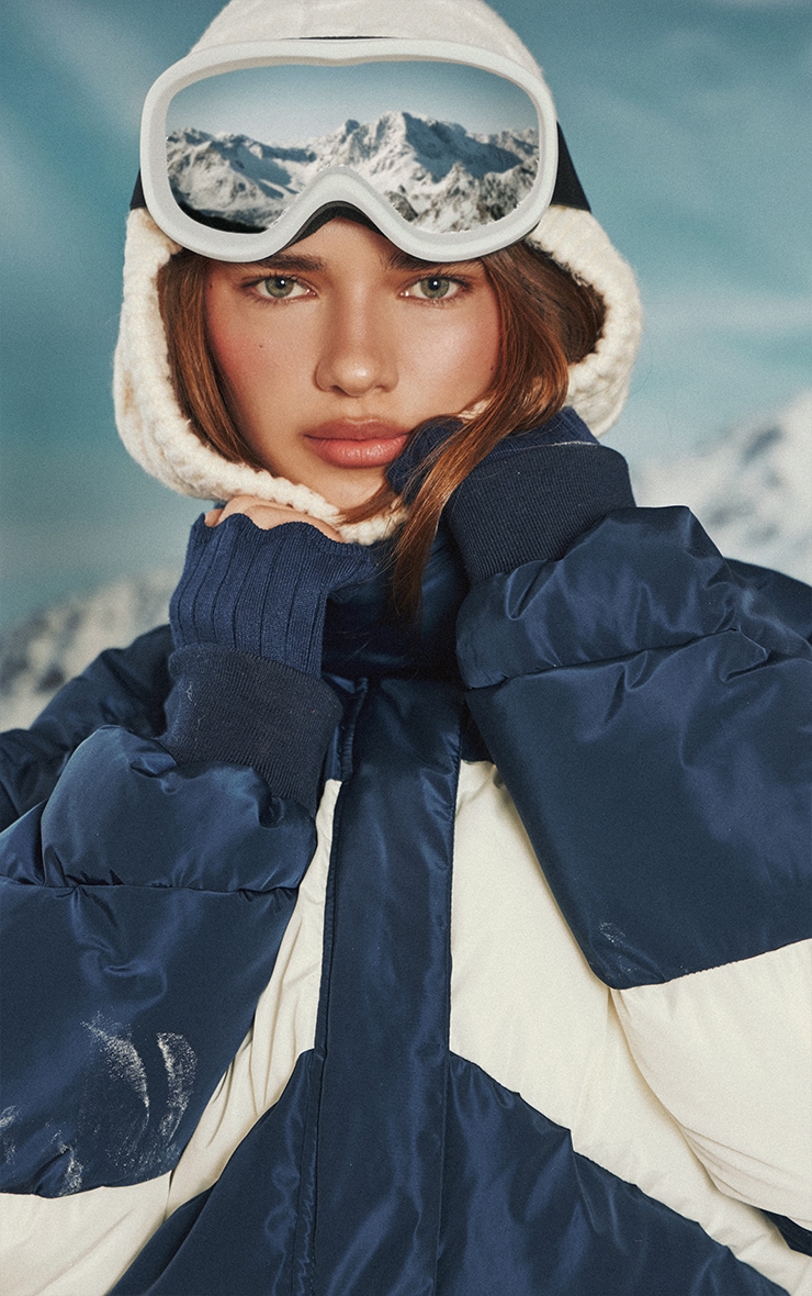 Navy Contrast Chevron Stripe Puffer Jacket image 1