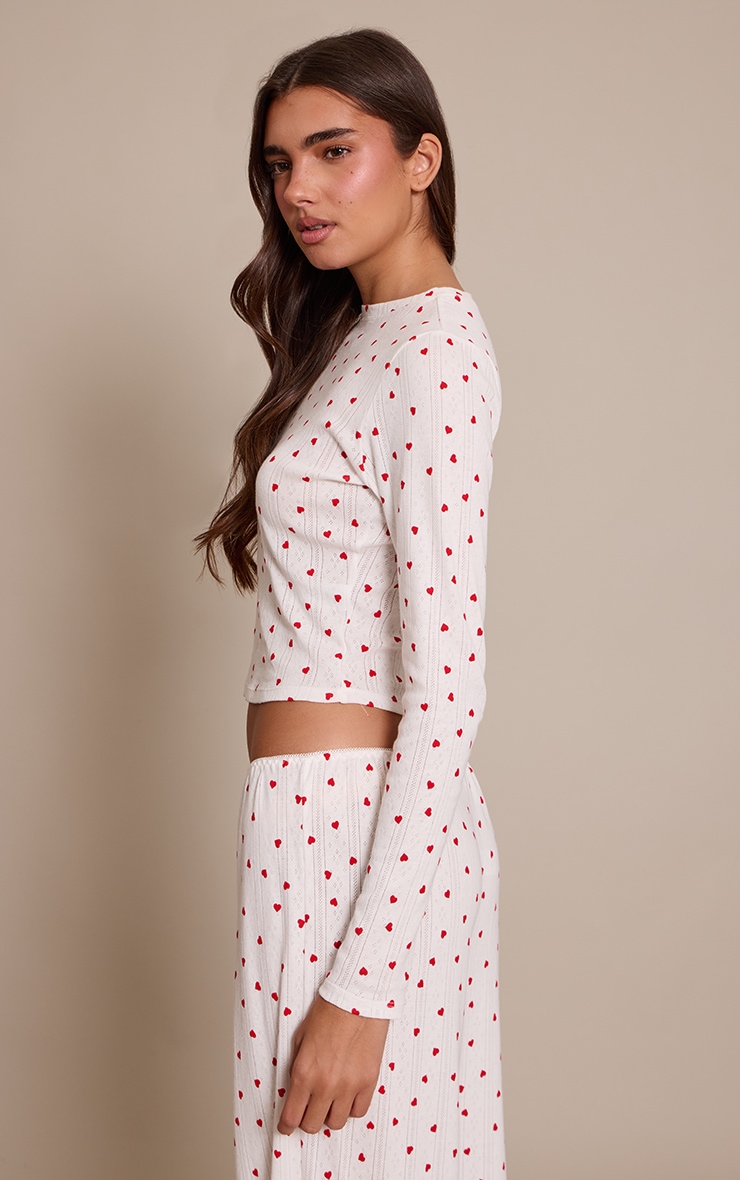 Red Heart Print Pointelle Long Sleeve Pyjama Top image 2