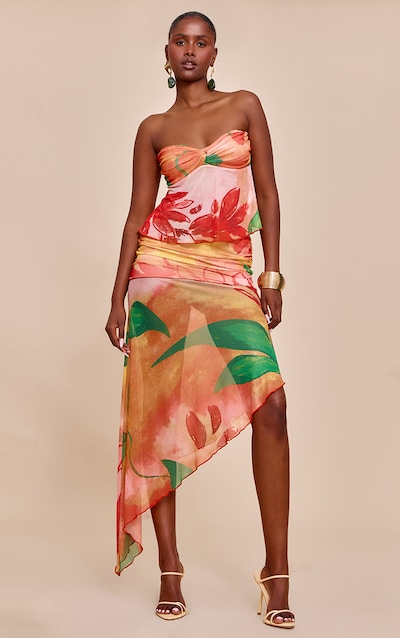 Multi Print Mesh Asymmetric Midi Skirt