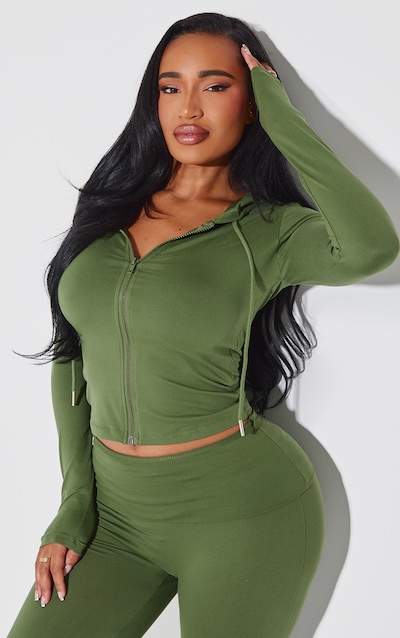 Shape Khaki Sculpted Zip Through Hoodie