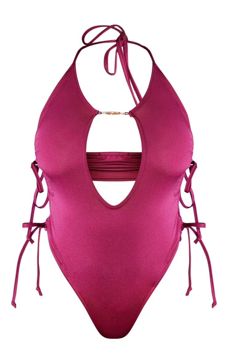 Shape Burgundy Branded Trim Cut Out Ruched Swimsuit image 5