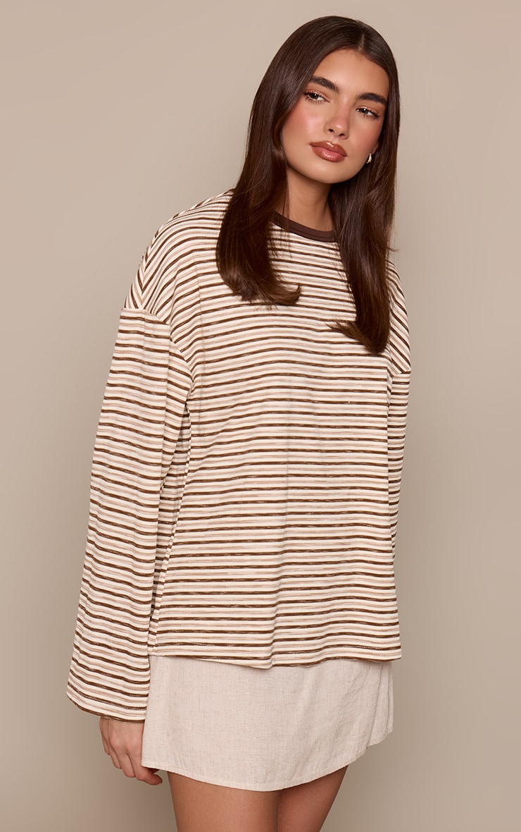 Light Brown Soft Rib Striped Detail Oversized Long Sleeve Top image 1