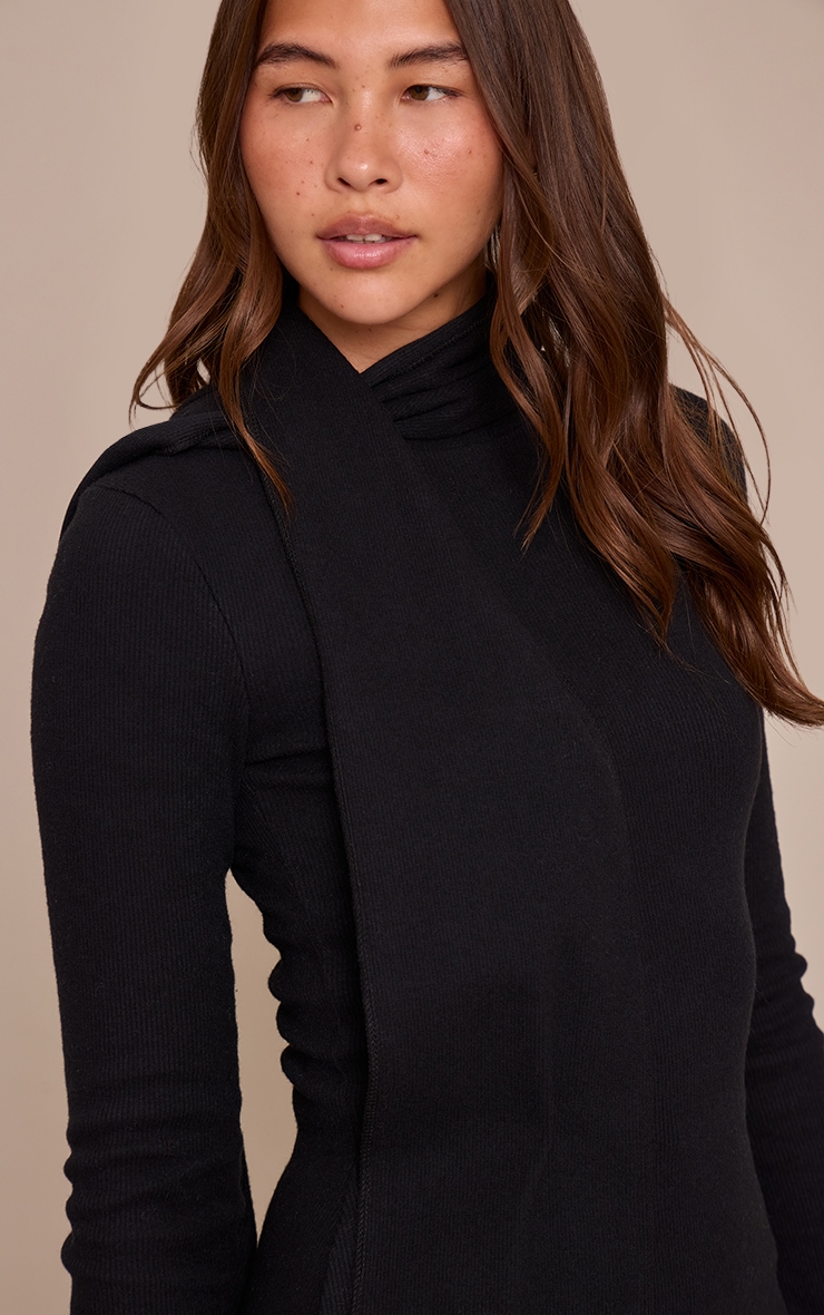 Black Brushed Rib Scarf Detail Long Sleeve Mini Dress image 4
