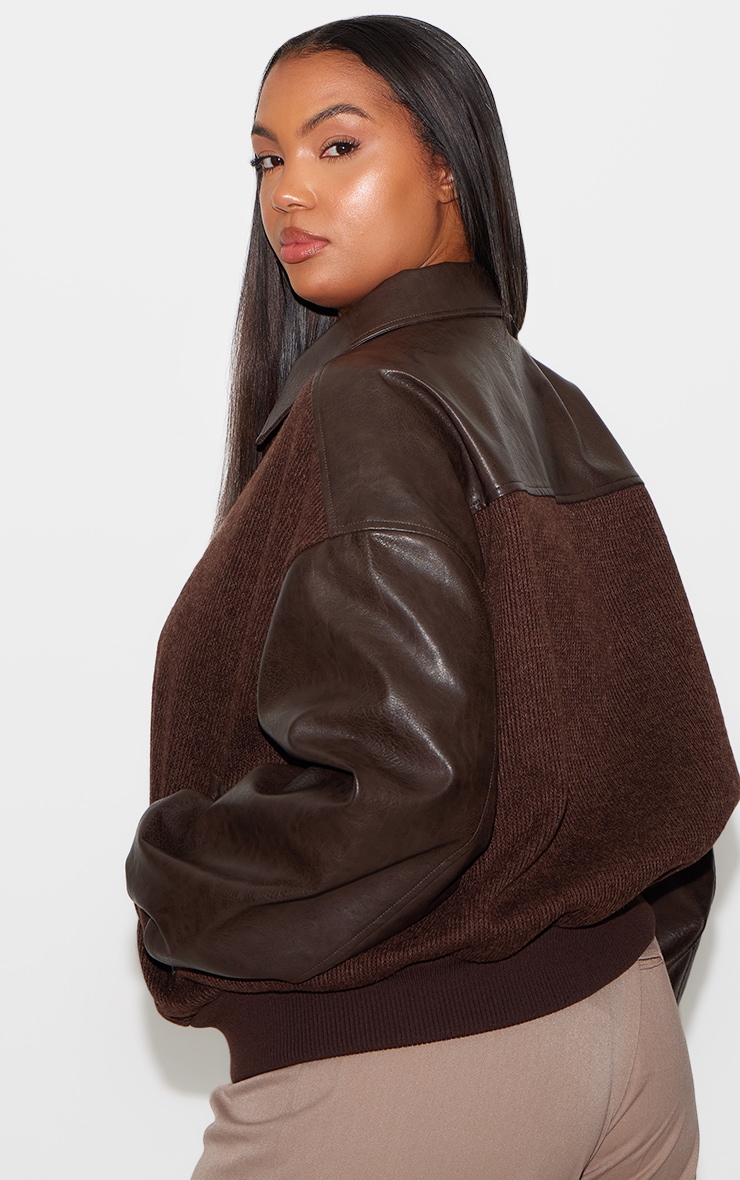 Plus Brown Faux Leather Contrast Jacket image 2