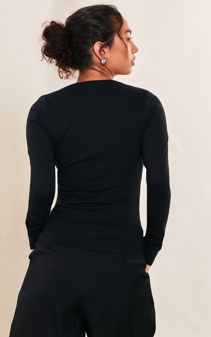 Black Cotton Scoop Neck Fitted Long Sleeve Top image 2
