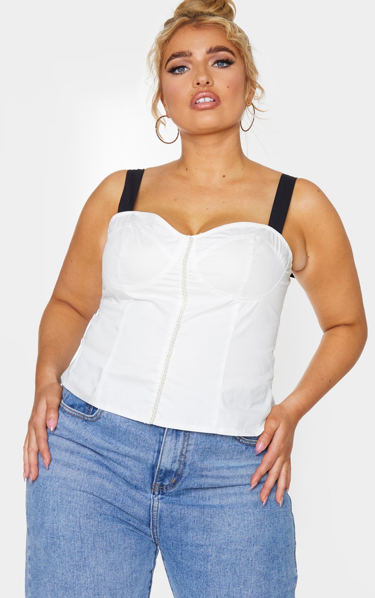 PLT Plus - Top blanc style corset à liseré de perles et bretelles nouables