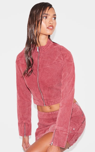 Washed Red Racer Neck Cropped Denim Jacket