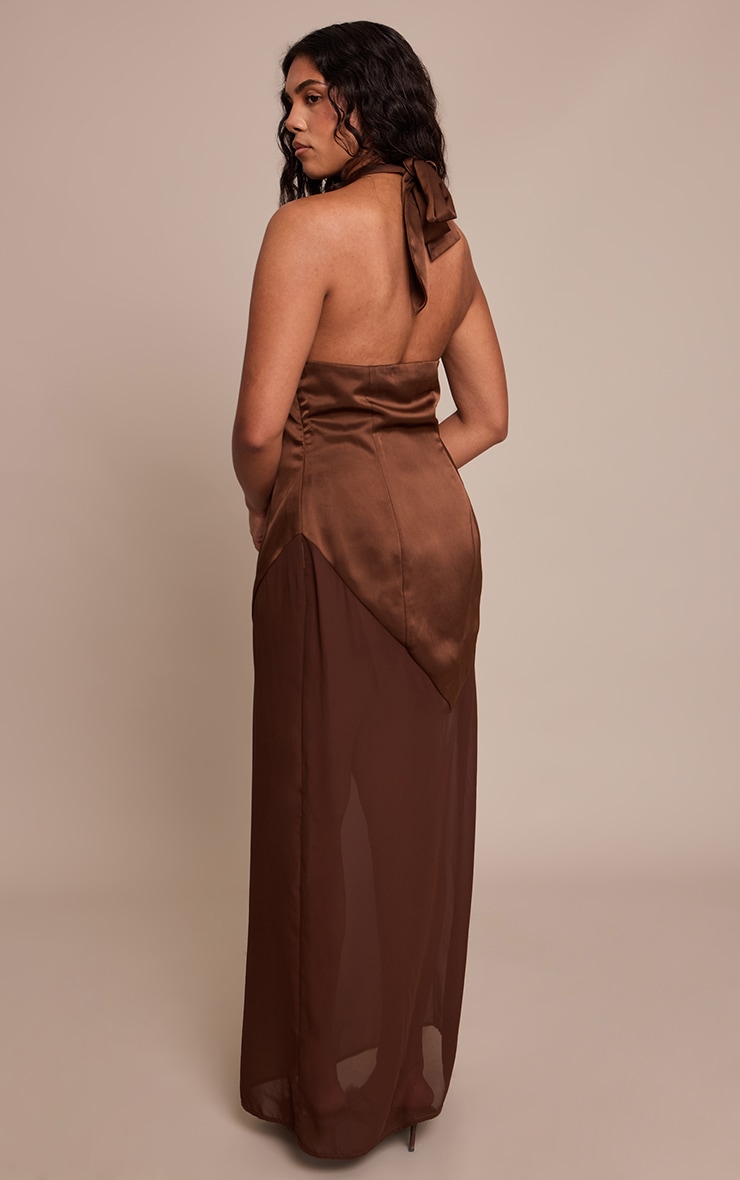 Shape Chocolate Satin Halter Neck Hem Detail Maxi Dress image 2