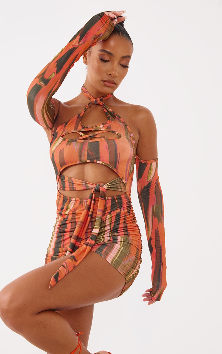 Orange Abstract Print Slinky Cut Out Tie Detail Cold Shoulder Bodycon Dress image 1