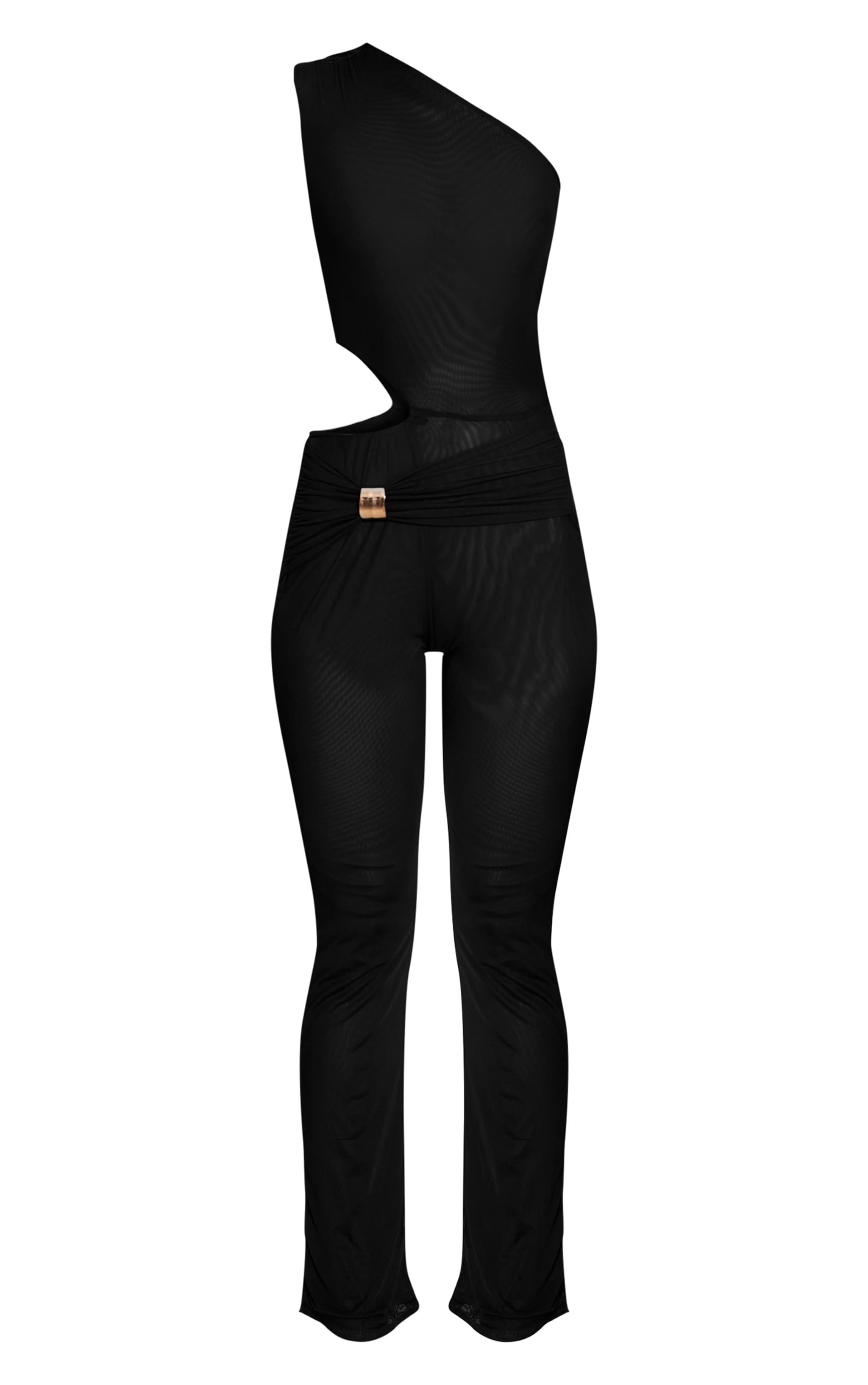 Black Double Mesh Trim Detail Flared Jumpsuit image 5