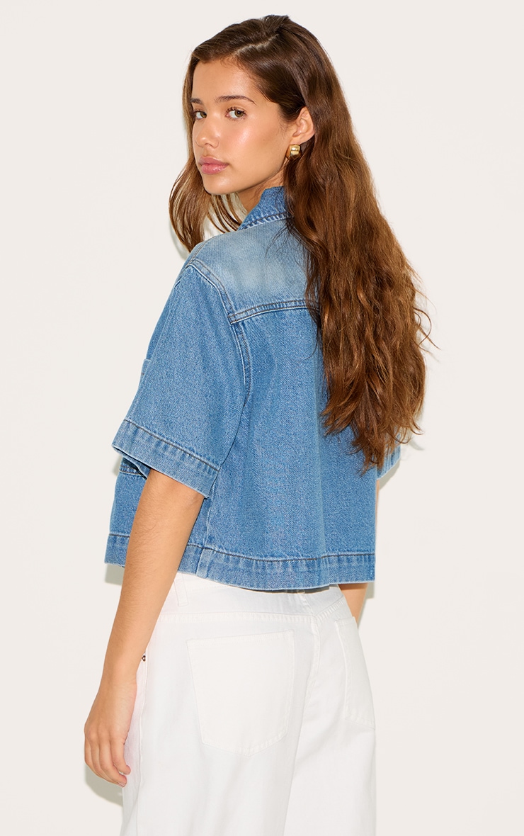 Mid Blue Wash Short Sleeve Pocket Detail Denim Shirt image 2