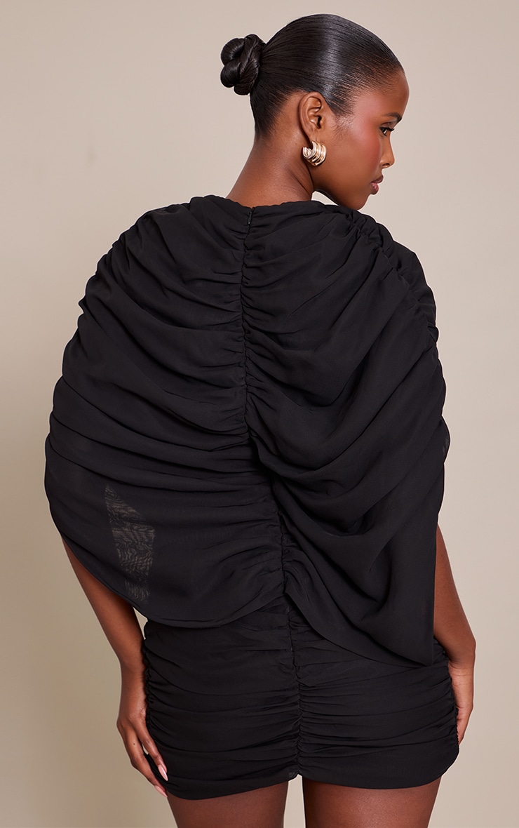 Black Chiffon Overlay Detail Ruched Mini Dress image 2