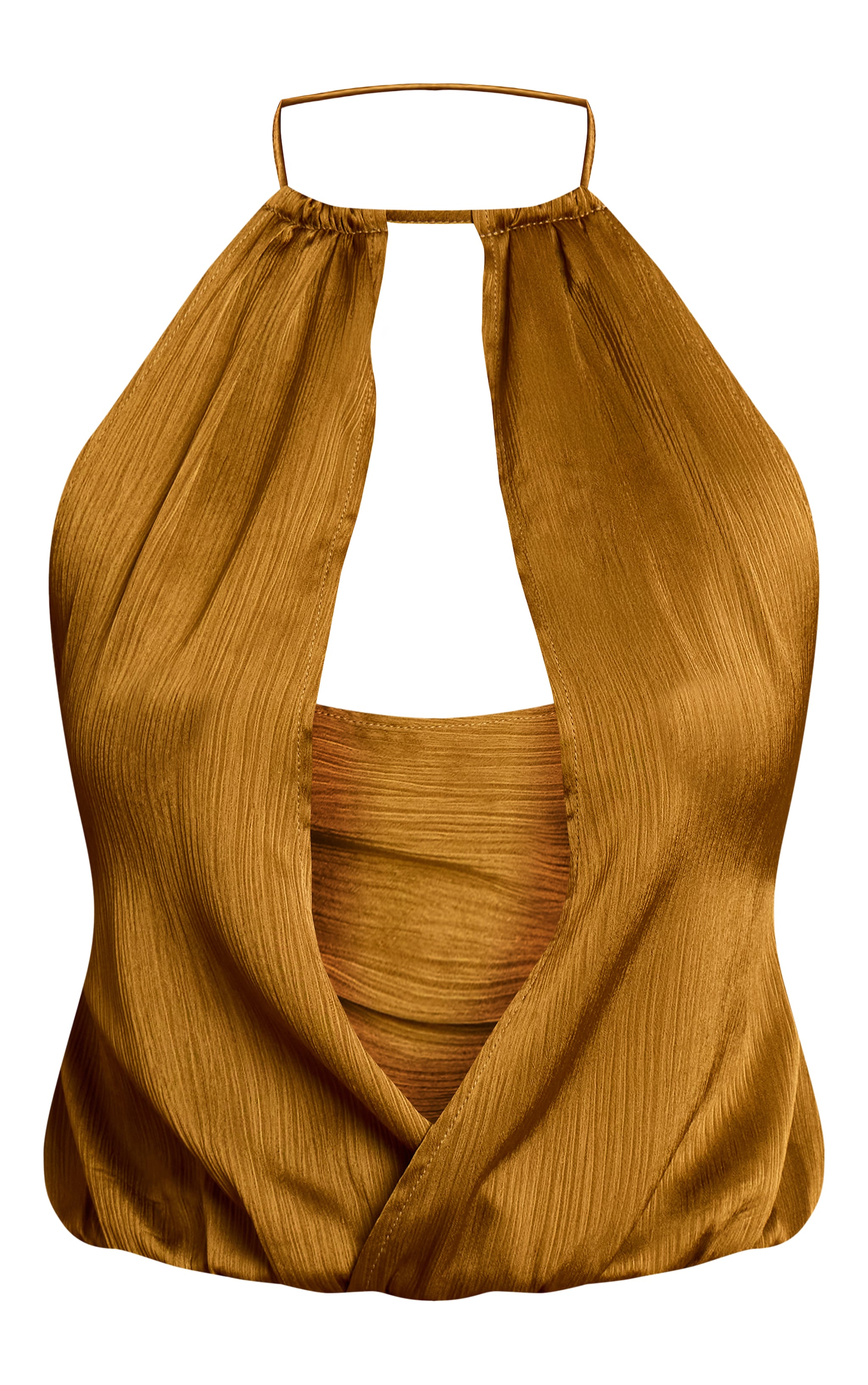 Dark Chartreuse Crinkle Satin High Neck Plunge Cowl Sleeveless Top image 5