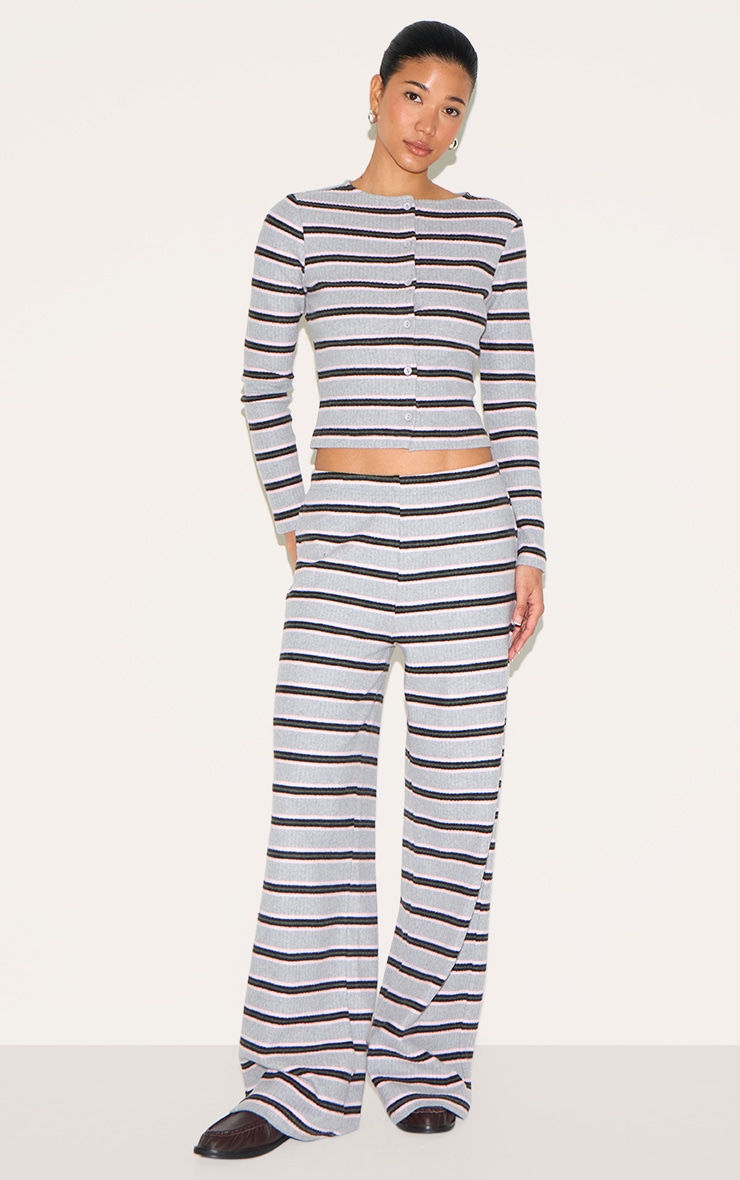 Grey Brushed Rib Striped Long Sleeve Button Up Top image 3