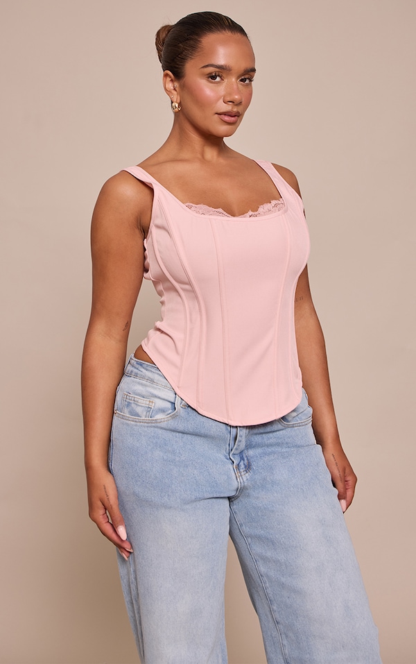 Shape Top corset long rose pâle à col carré et bordure en dentelle